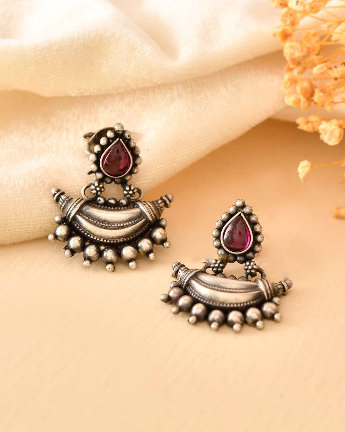 Handcrafted 925 Silver Pink Teardrop Stone Crescent Chandbali Drop Earrings