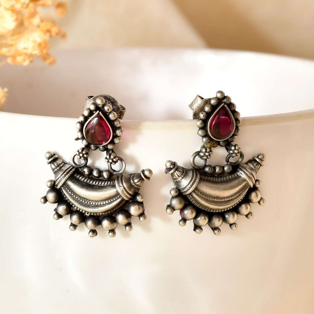 Handcrafted 925 Silver Pink Teardrop Stone Crescent Chandbali Drop Earrings