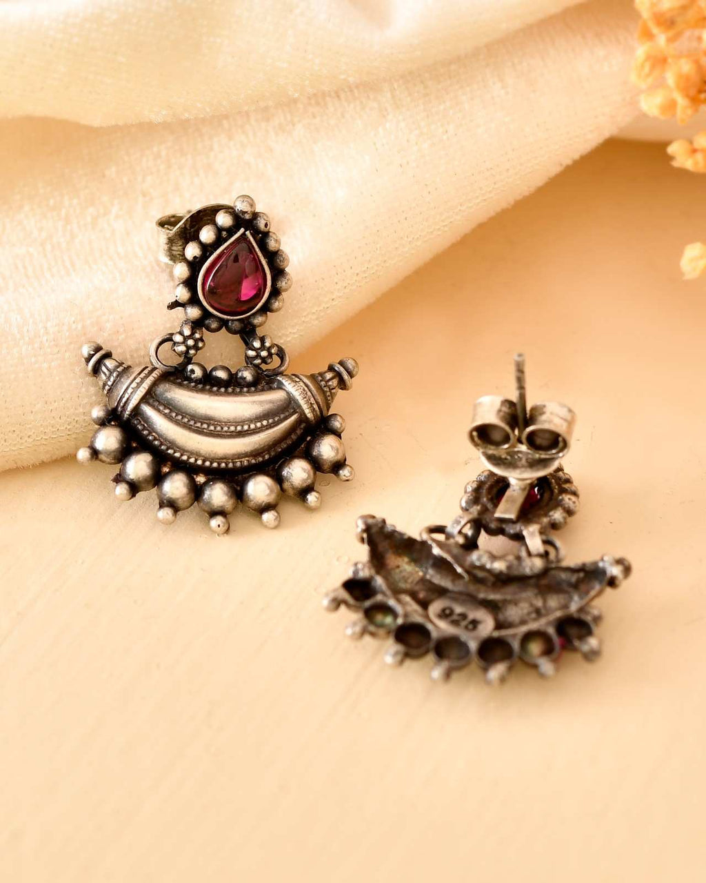 Handcrafted 925 Silver Pink Teardrop Stone Crescent Chandbali Drop Earrings