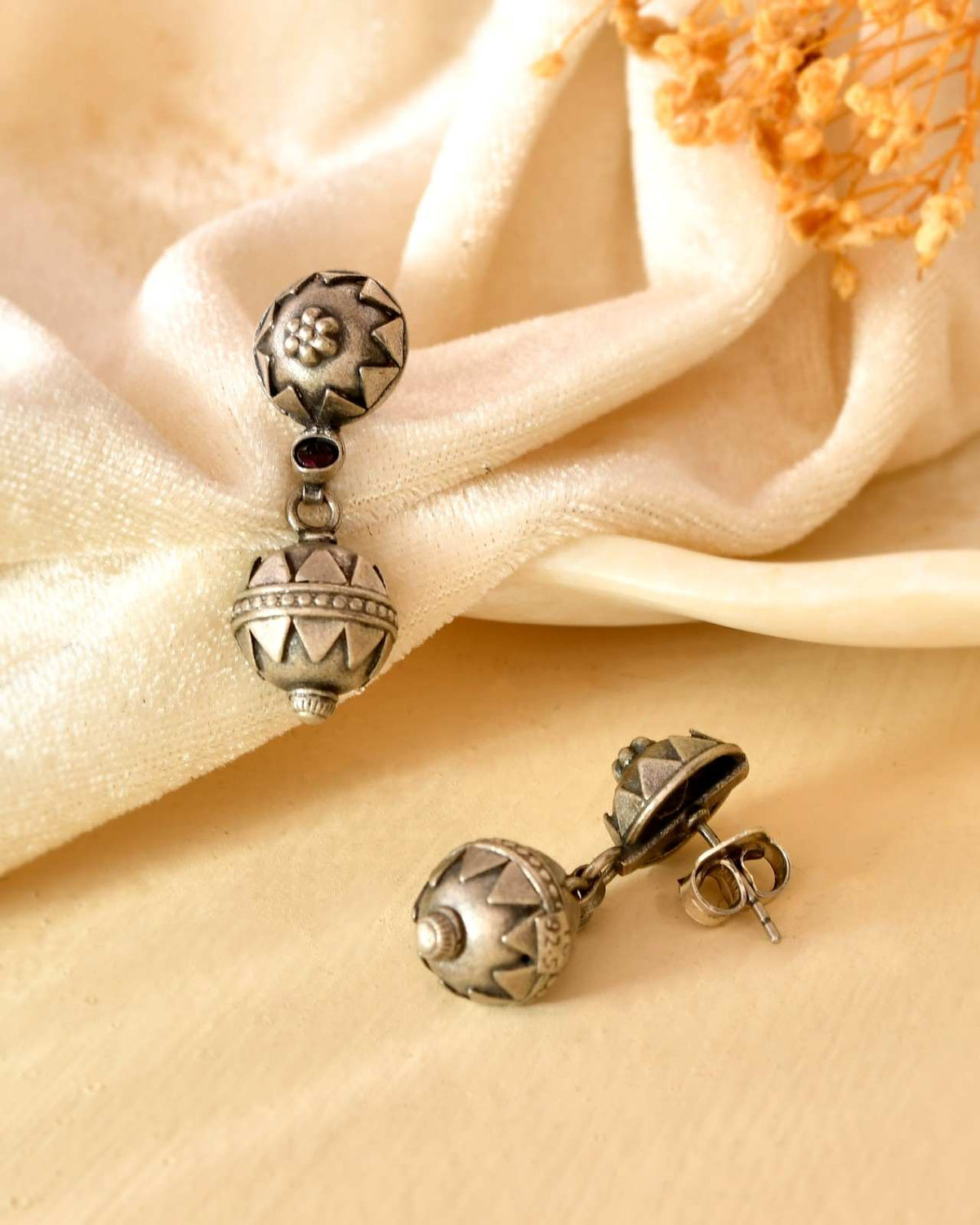 Handcrafted 925 Silver Tribal Geometric Dome & Spherical Bead Drop Earrings