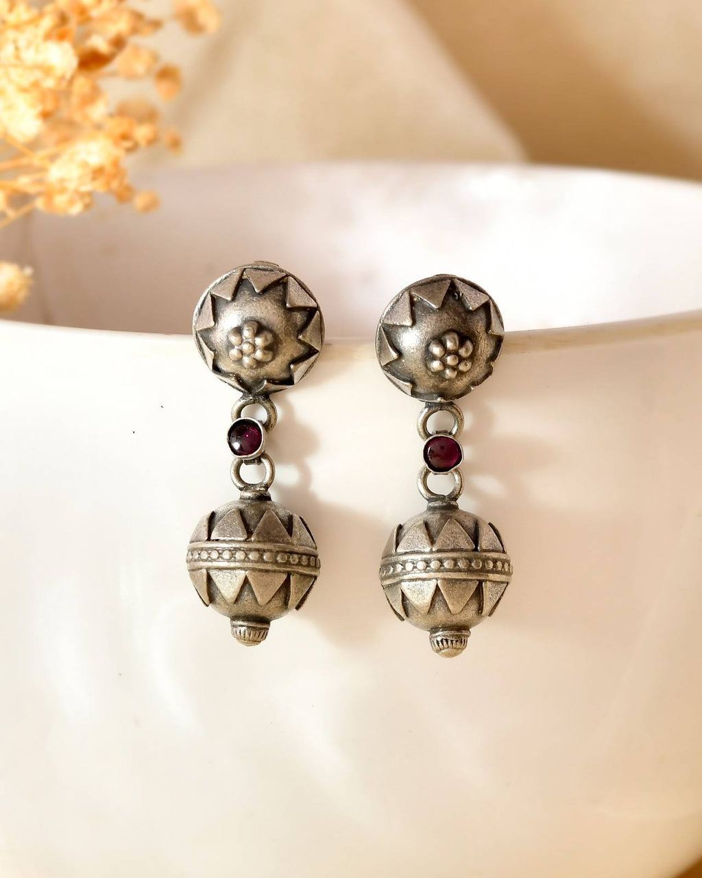 Handcrafted 925 Silver Tribal Geometric Dome & Spherical Bead Drop Earrings