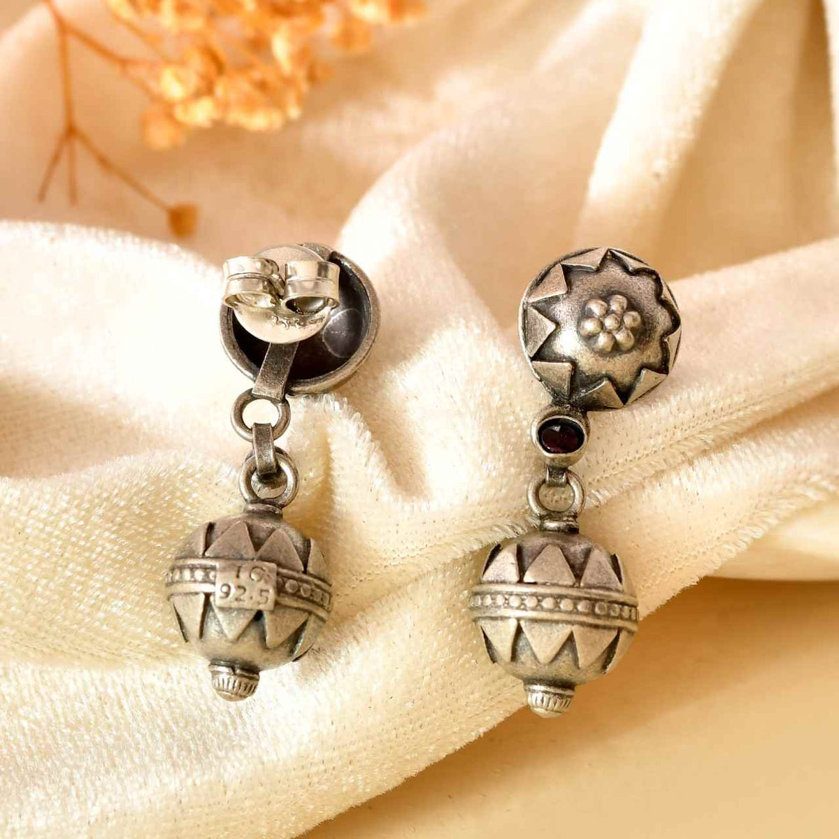 Handcrafted 925 Silver Tribal Geometric Dome & Spherical Bead Drop Earrings