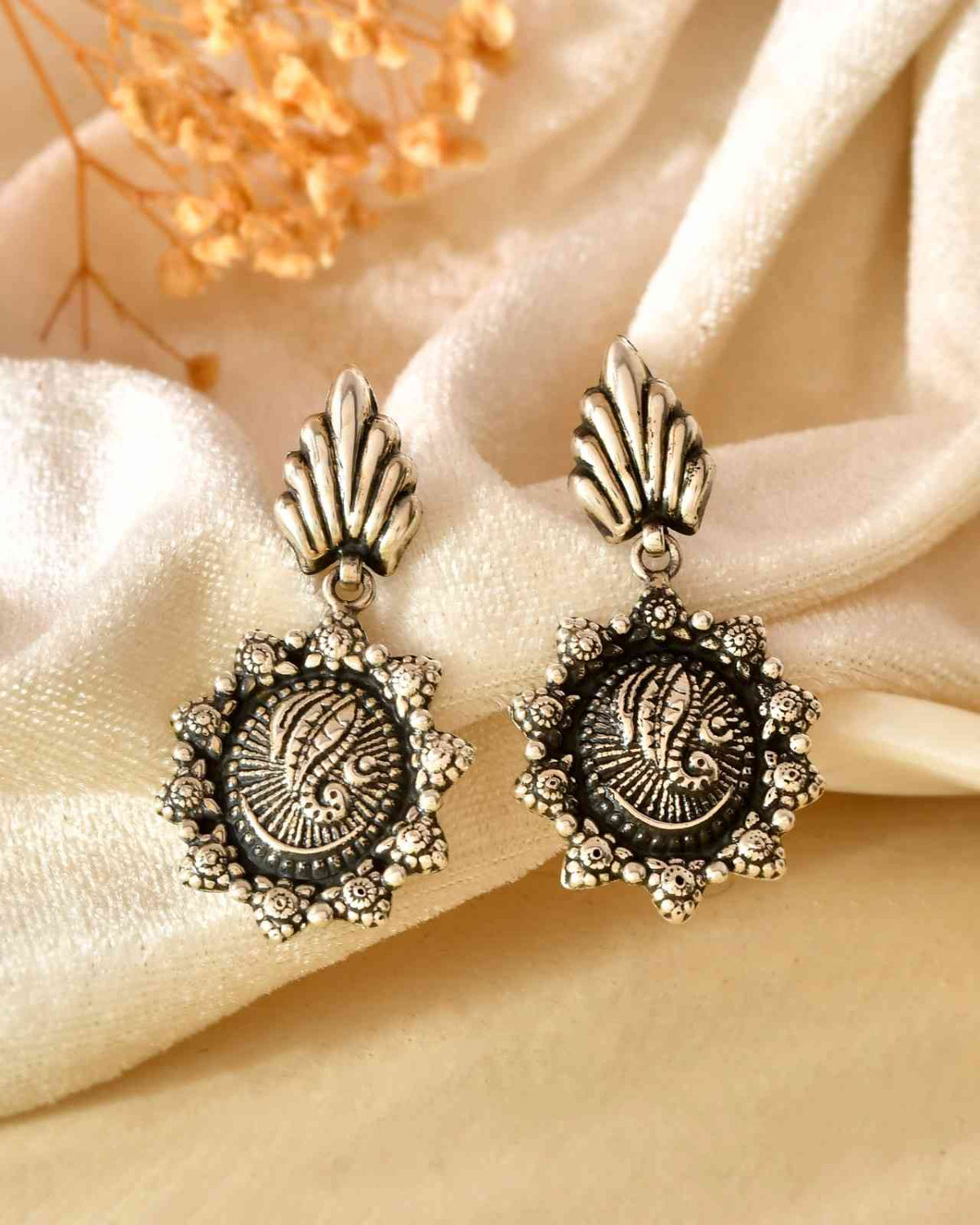 Handcrafted 925 Silver Shell Top Ganesha Embossed Floral Drop Earrings
