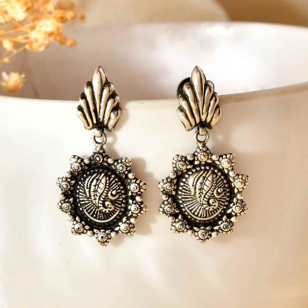 Handcrafted 925 Silver Shell Top Ganesha Embossed Floral Drop Earrings