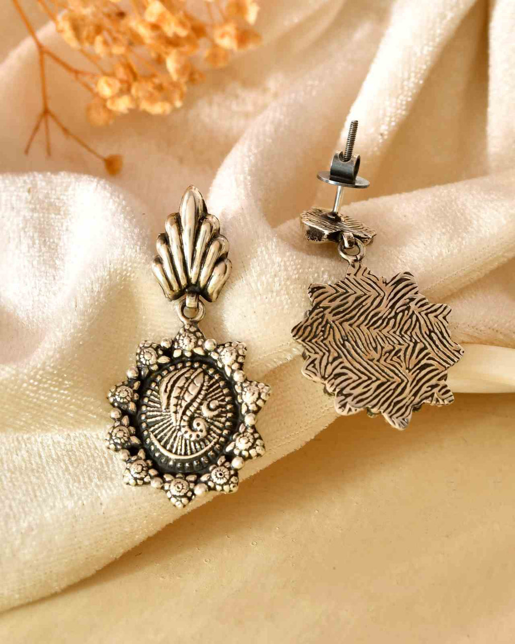 Handcrafted 925 Silver Shell Top Ganesha Embossed Floral Drop Earrings
