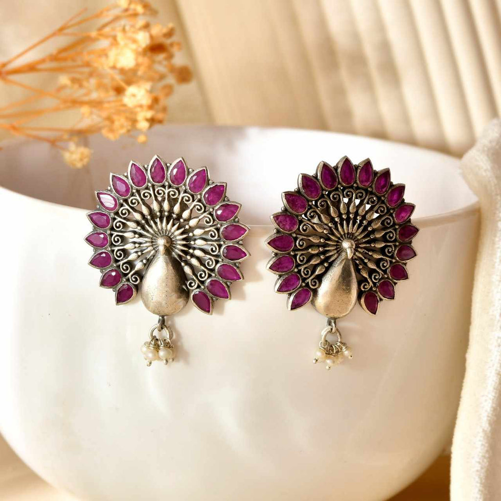 Handcrafted 925 Silver Pink Stone Sunflower Stud Earrings