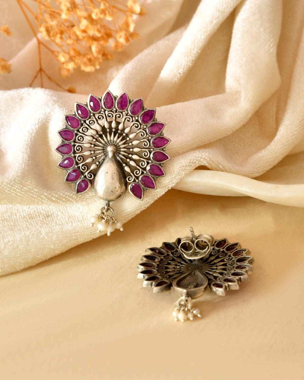 Handcrafted 925 Silver Pink Stone Sunflower Stud Earrings