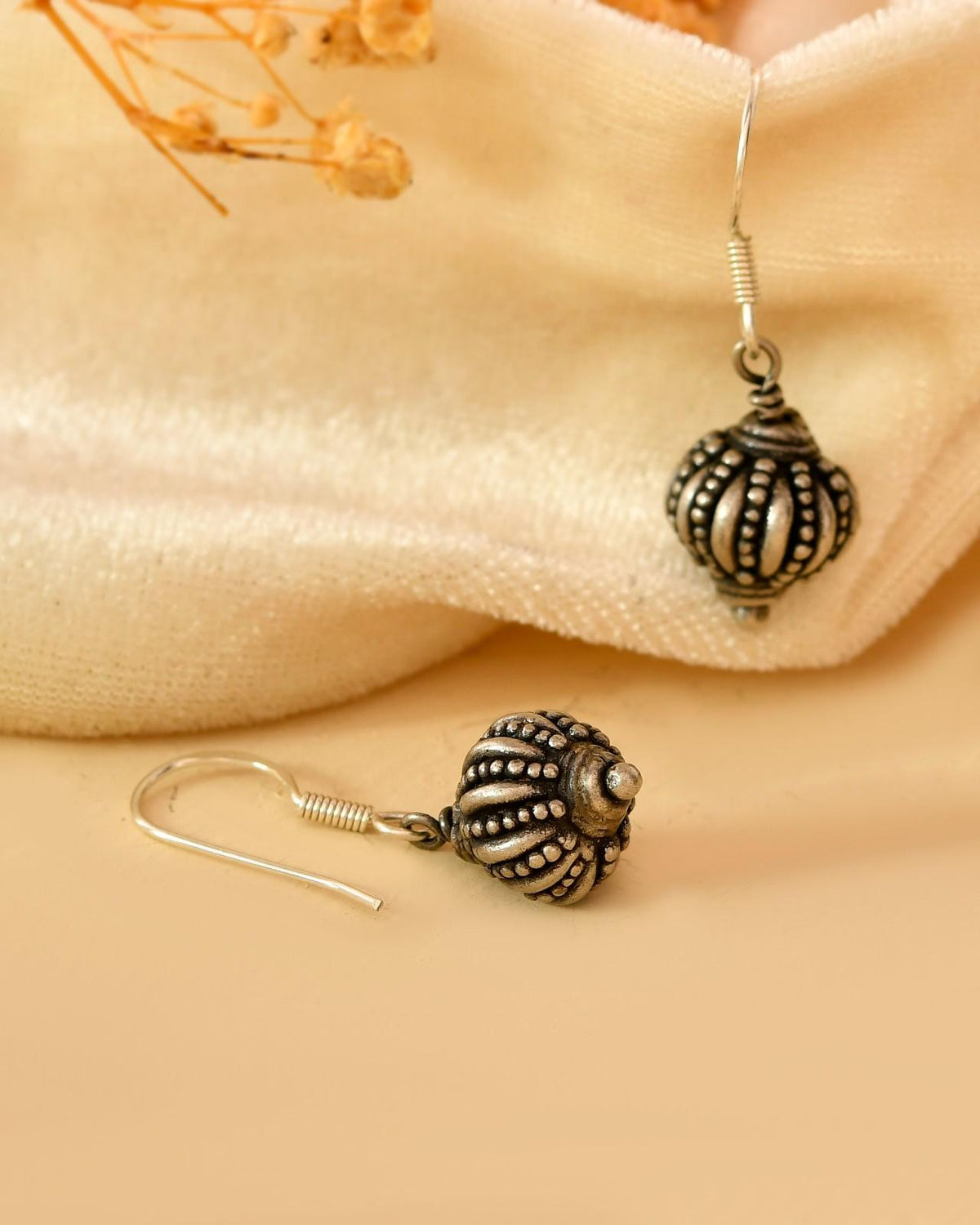 Handcrafted 925 Silver Textured Spherical Drop Earrings