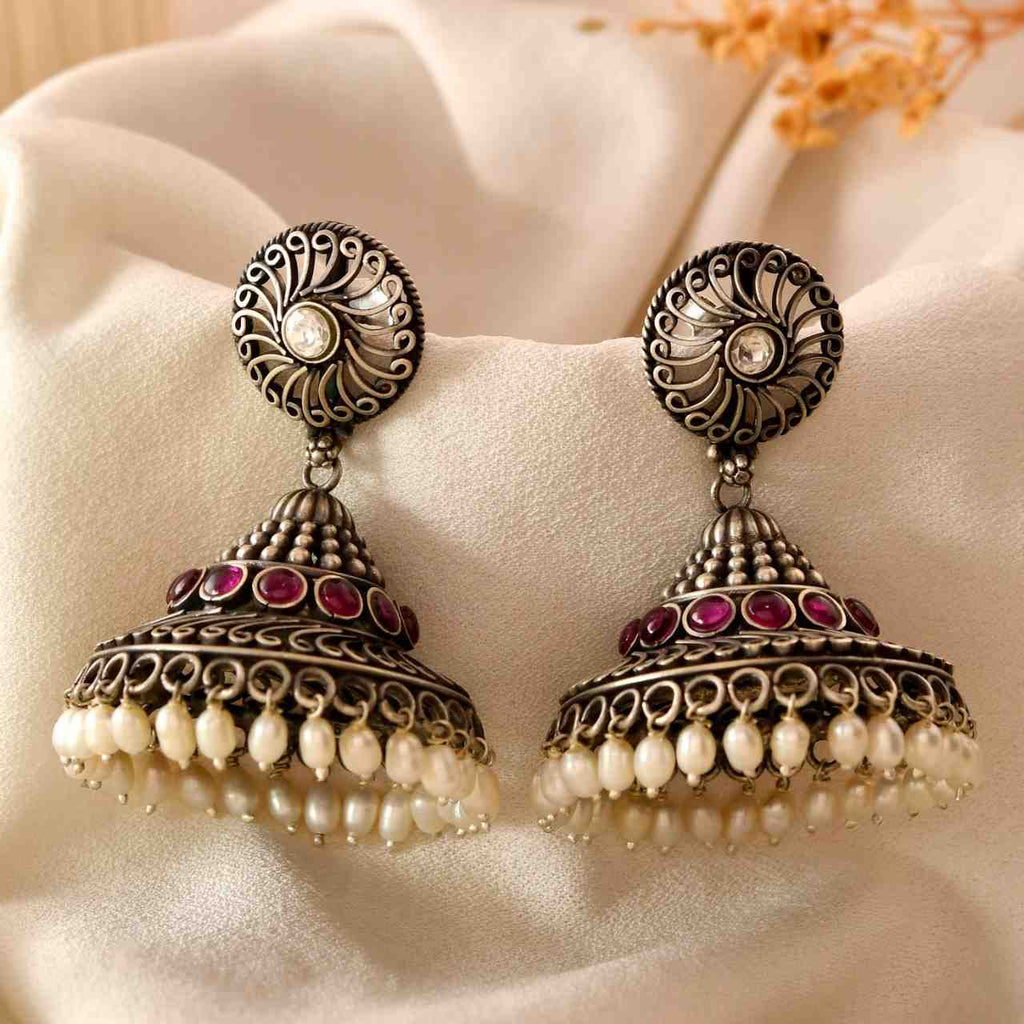Handcrafted 925 Silver Swirl Stud Ruby Stone & Pearl Drop Jhumka Earrings