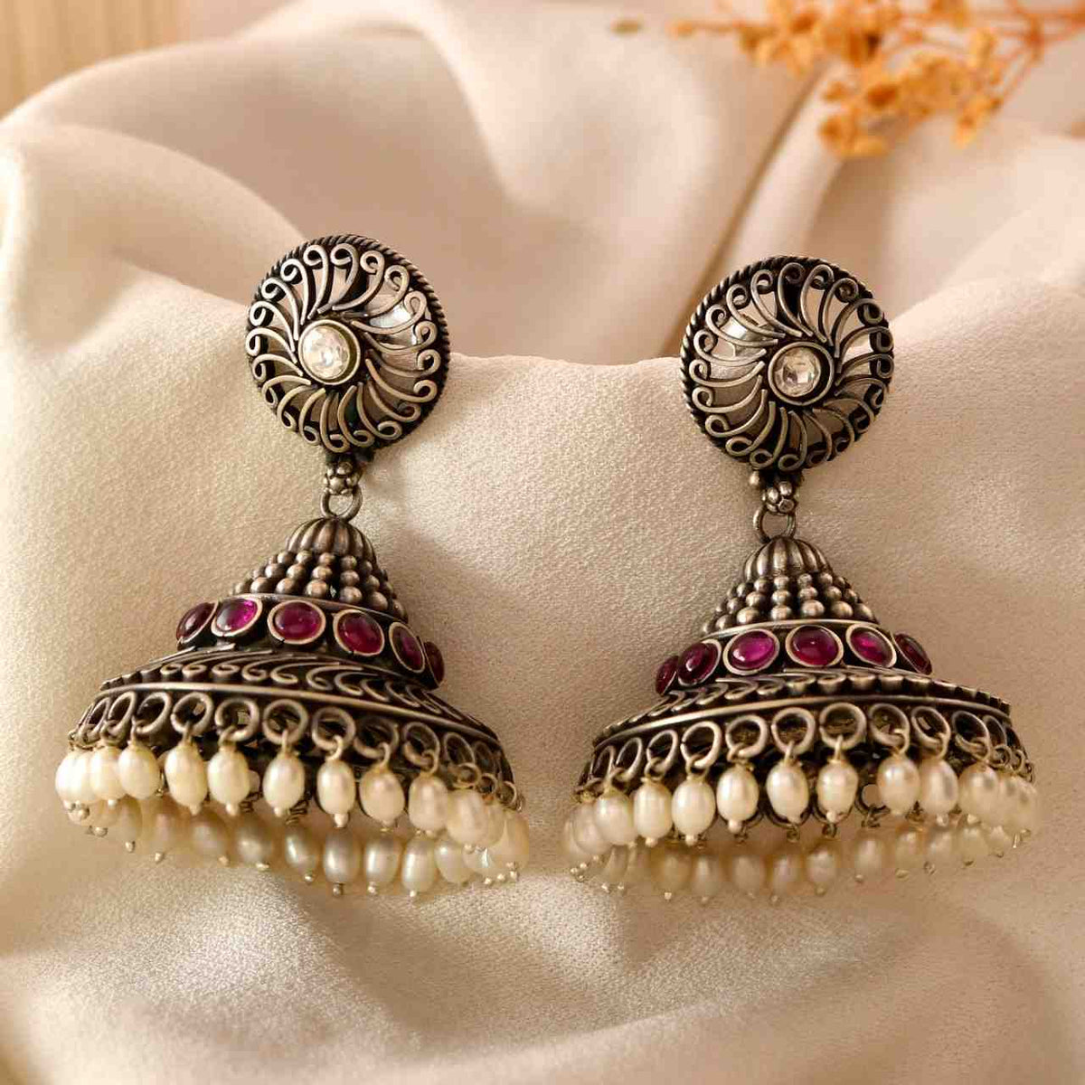 Handcrafted 925 Silver Swirl Stud Ruby Stone & Pearl Drop Jhumka Earrings