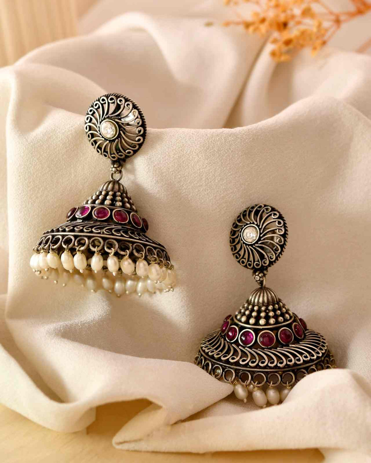 Handcrafted 925 Silver Swirl Stud Ruby Stone & Pearl Drop Jhumka Earrings