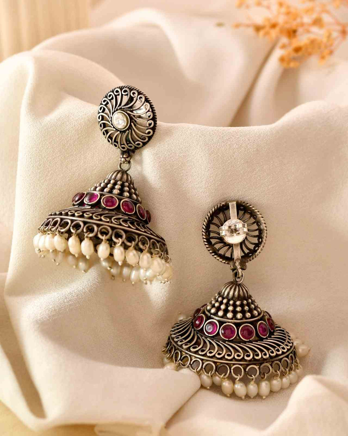 Handcrafted 925 Silver Swirl Stud Ruby Stone & Pearl Drop Jhumka Earrings