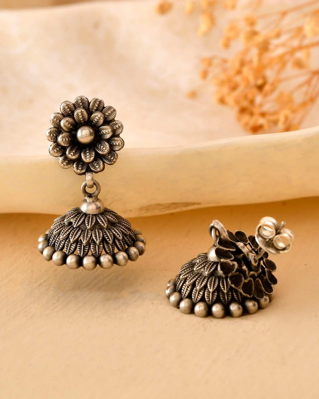 Handcrafted 925 Silver Sunflower Stud Floral Carved Jhumka Earrings