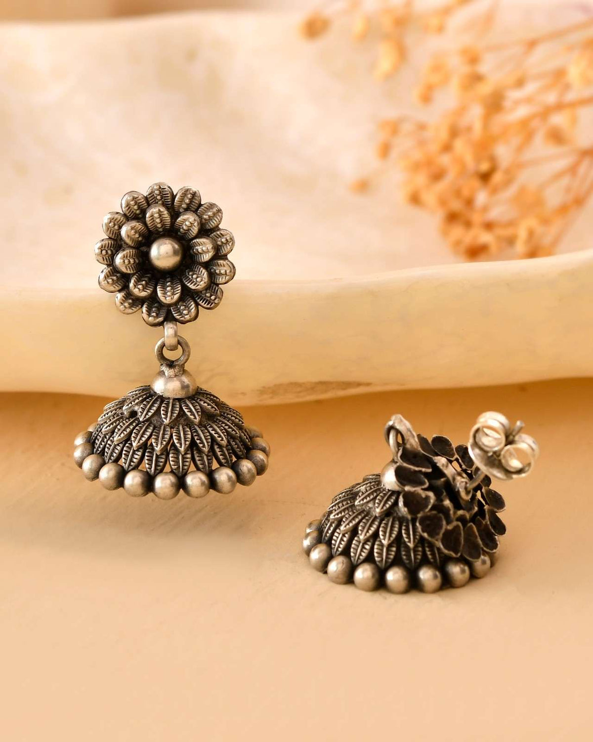 Handcrafted 925 Silver Sunflower Stud Floral Carved Jhumka Earrings
