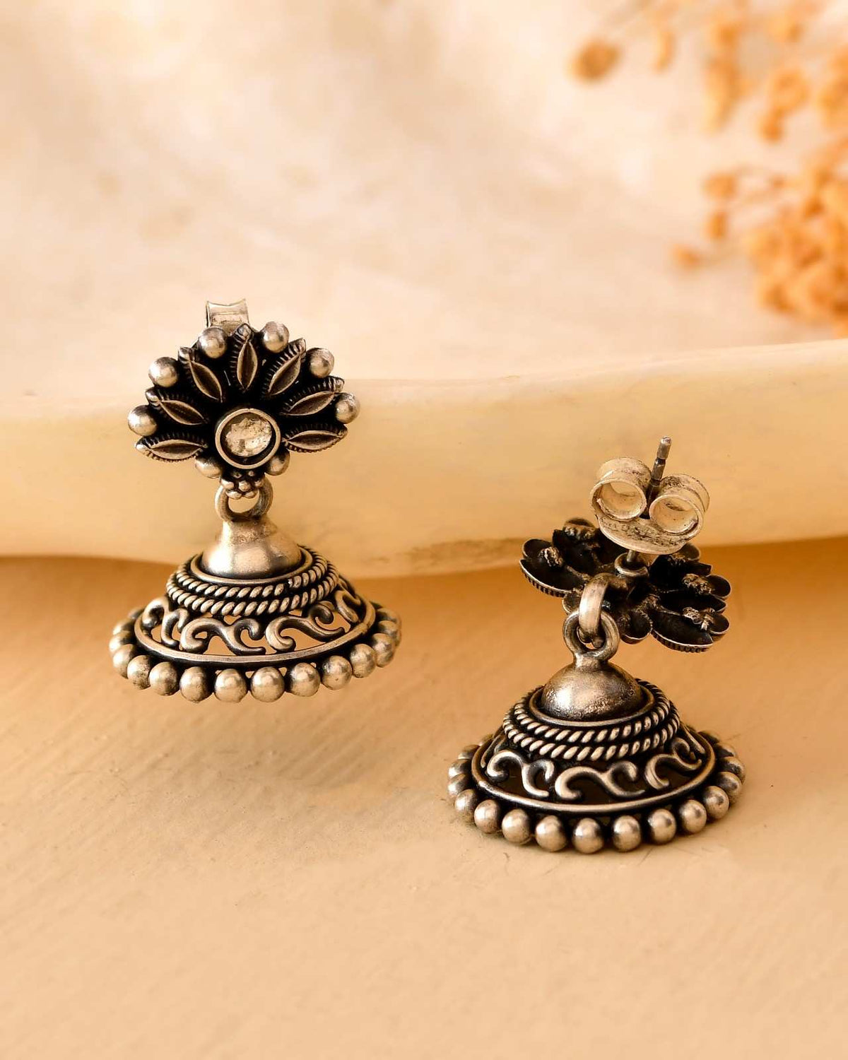 Handcrafted 925 Silver Floral Crown Stud Clear Stone Drop Jhumka Earrings
