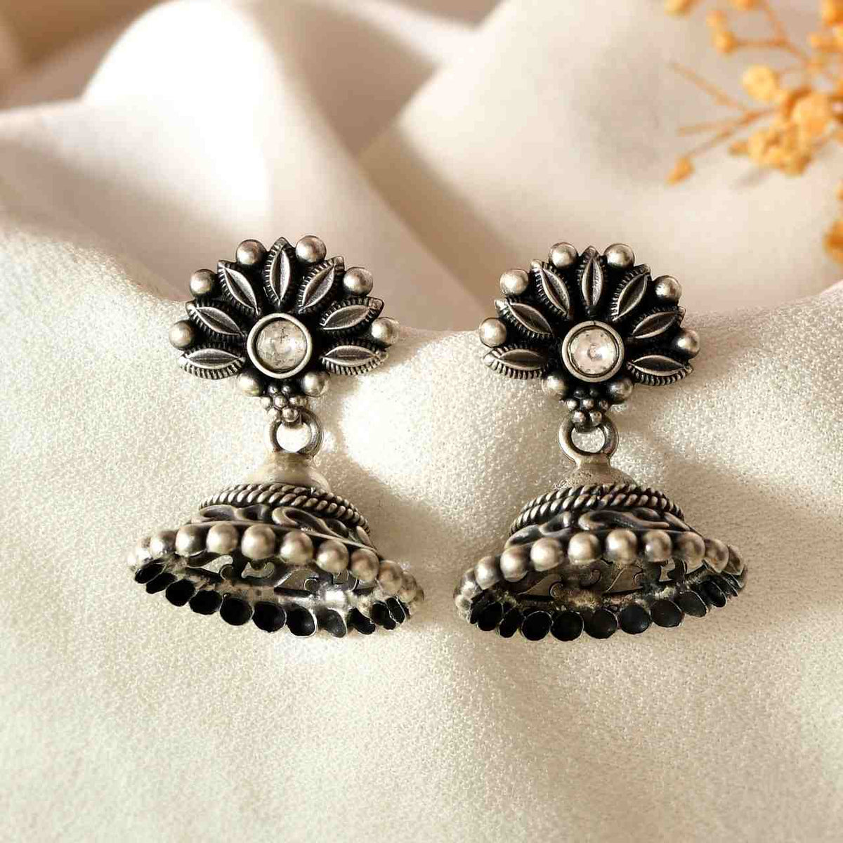 Handcrafted 925 Silver Floral Crown Stud Clear Stone Drop Jhumka Earrings