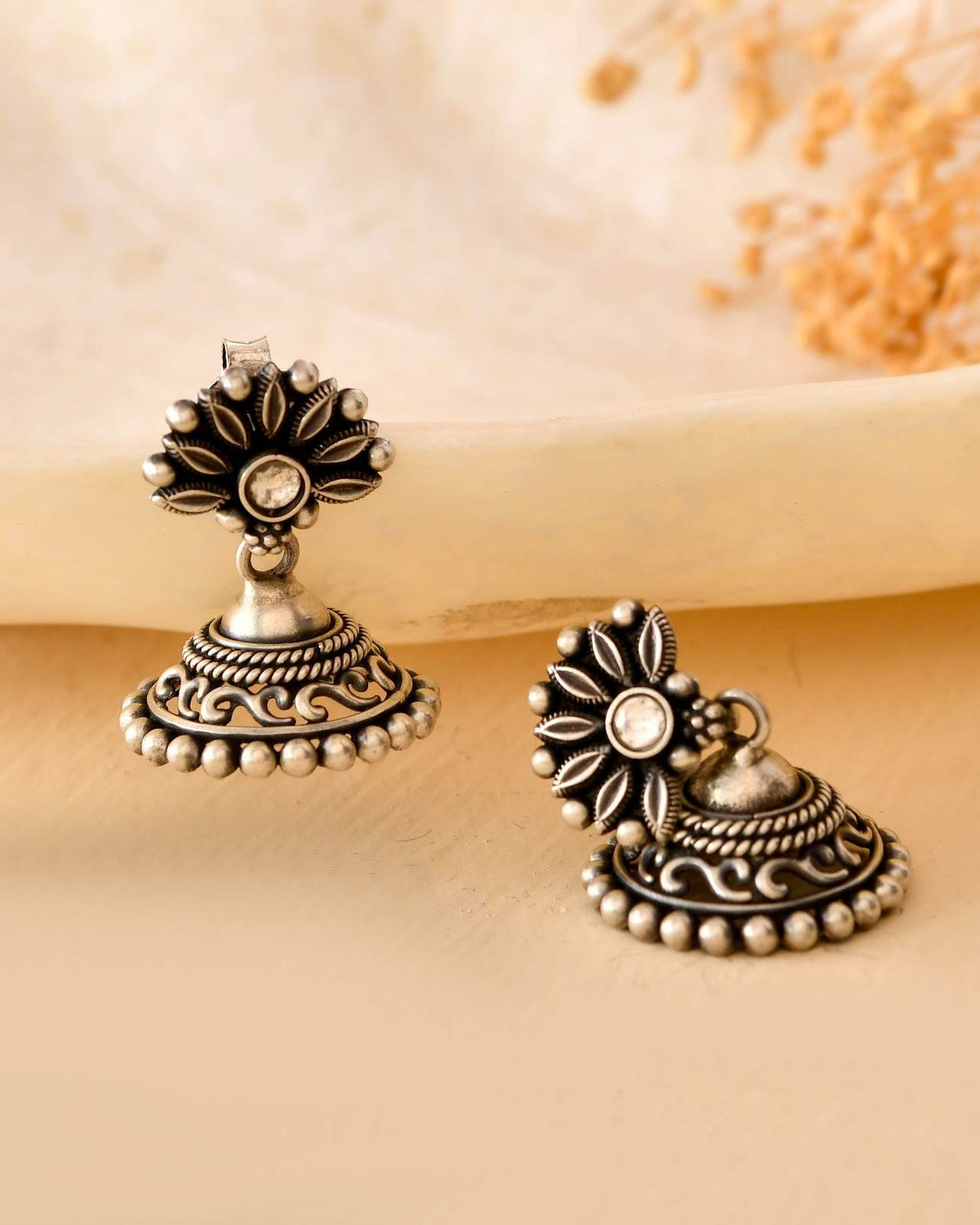 Handcrafted 925 Silver Floral Crown Stud Clear Stone Drop Jhumka Earrings