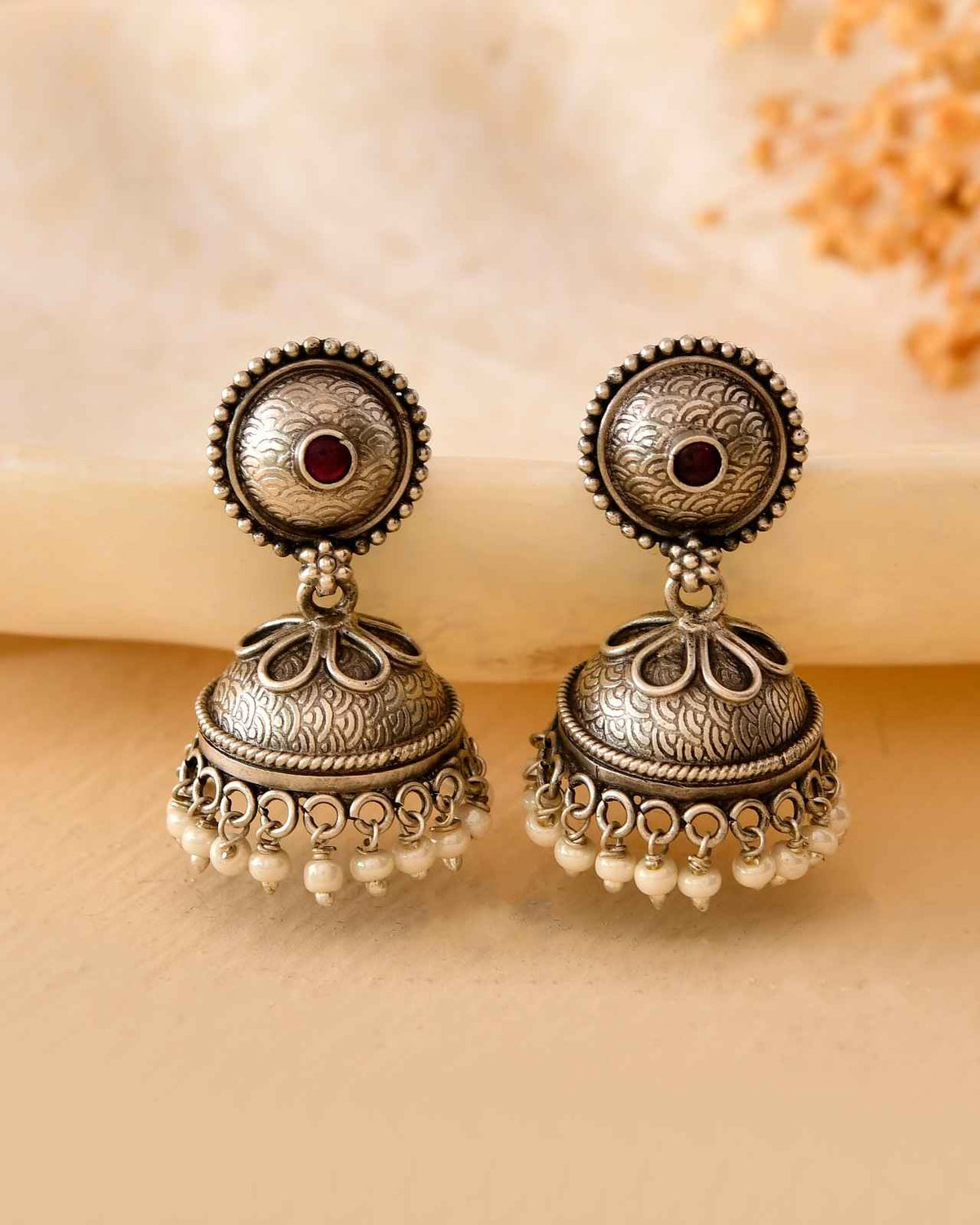 Handcrafted 925 Silver Engraved Circular Stud Ruby Stone & Pearl Drop Jhumka Earrings