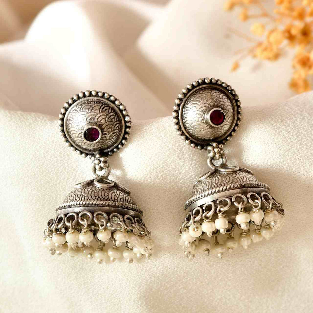 Handcrafted 925 Silver Engraved Circular Stud Ruby Stone & Pearl Drop Jhumka Earrings