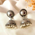 Handcrafted 925 Silver Engraved Circular Stud Ruby Stone & Pearl Drop Jhumka Earrings