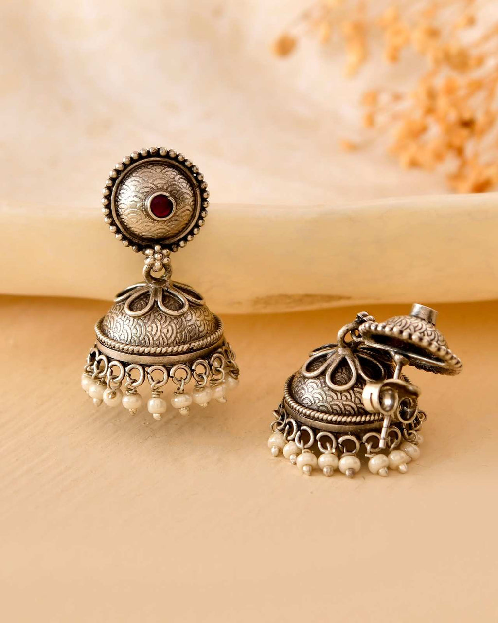 Handcrafted 925 Silver Engraved Circular Stud Ruby Stone & Pearl Drop Jhumka Earrings