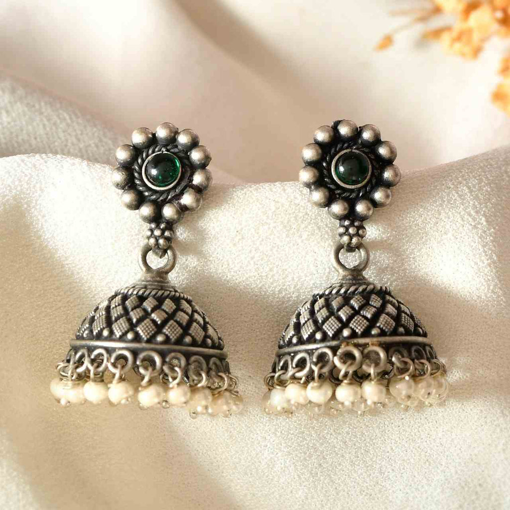 Handcrafted 925 Silver Beaded Floral Stud Green Stone & Pearl Drop Jhumka Earrings