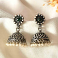 Handcrafted 925 Silver Beaded Floral Stud Green Stone & Pearl Drop Jhumka Earrings