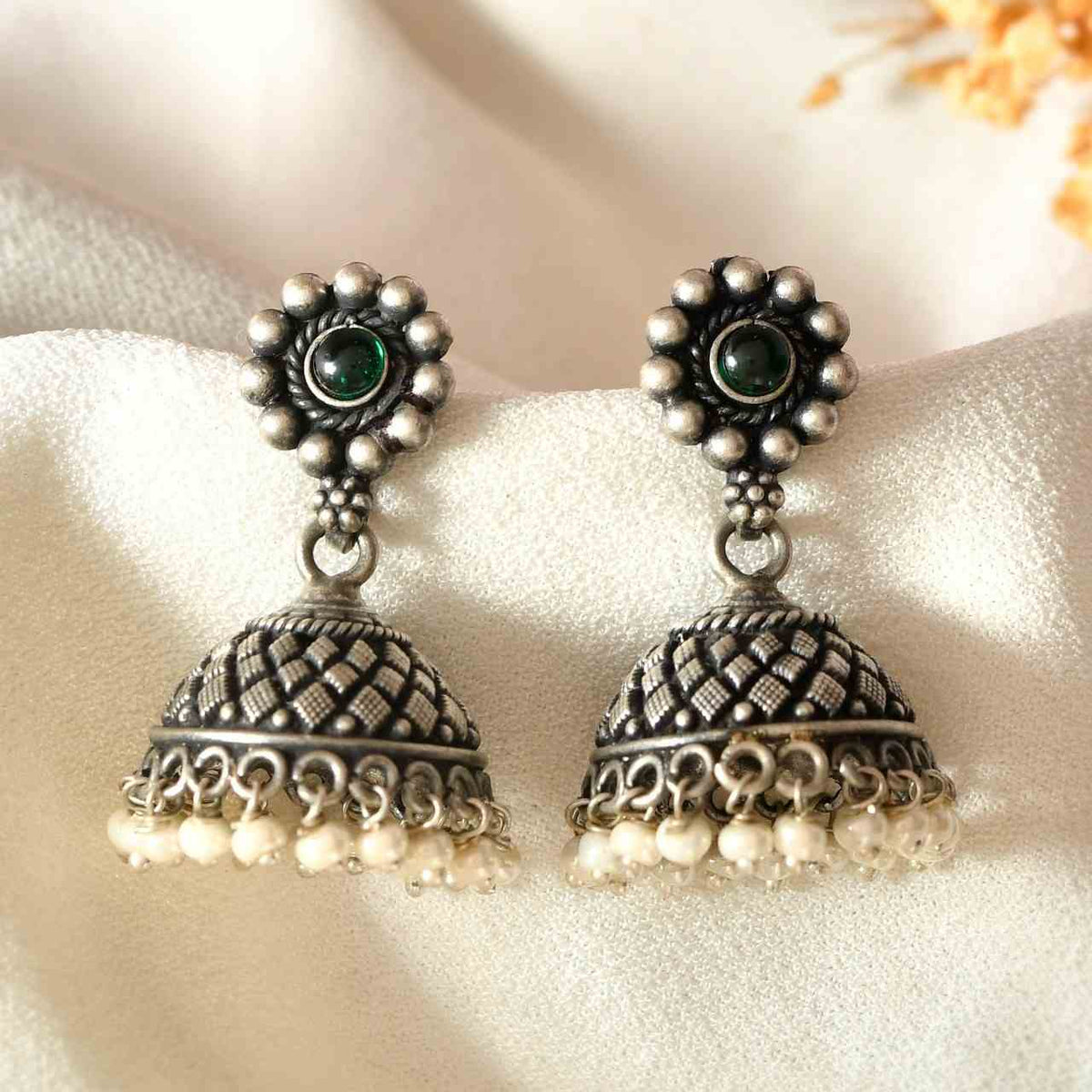 Handcrafted 925 Silver Beaded Floral Stud Green Stone & Pearl Drop Jhumka Earrings
