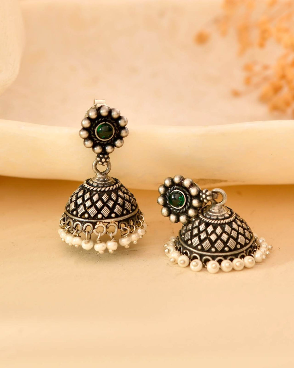 Handcrafted 925 Silver Beaded Floral Stud Green Stone & Pearl Drop Jhumka Earrings