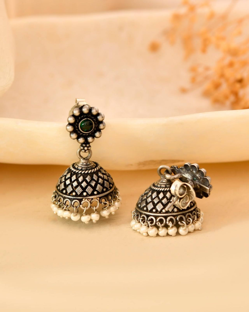 Handcrafted 925 Silver Beaded Floral Stud Green Stone & Pearl Drop Jhumka Earrings