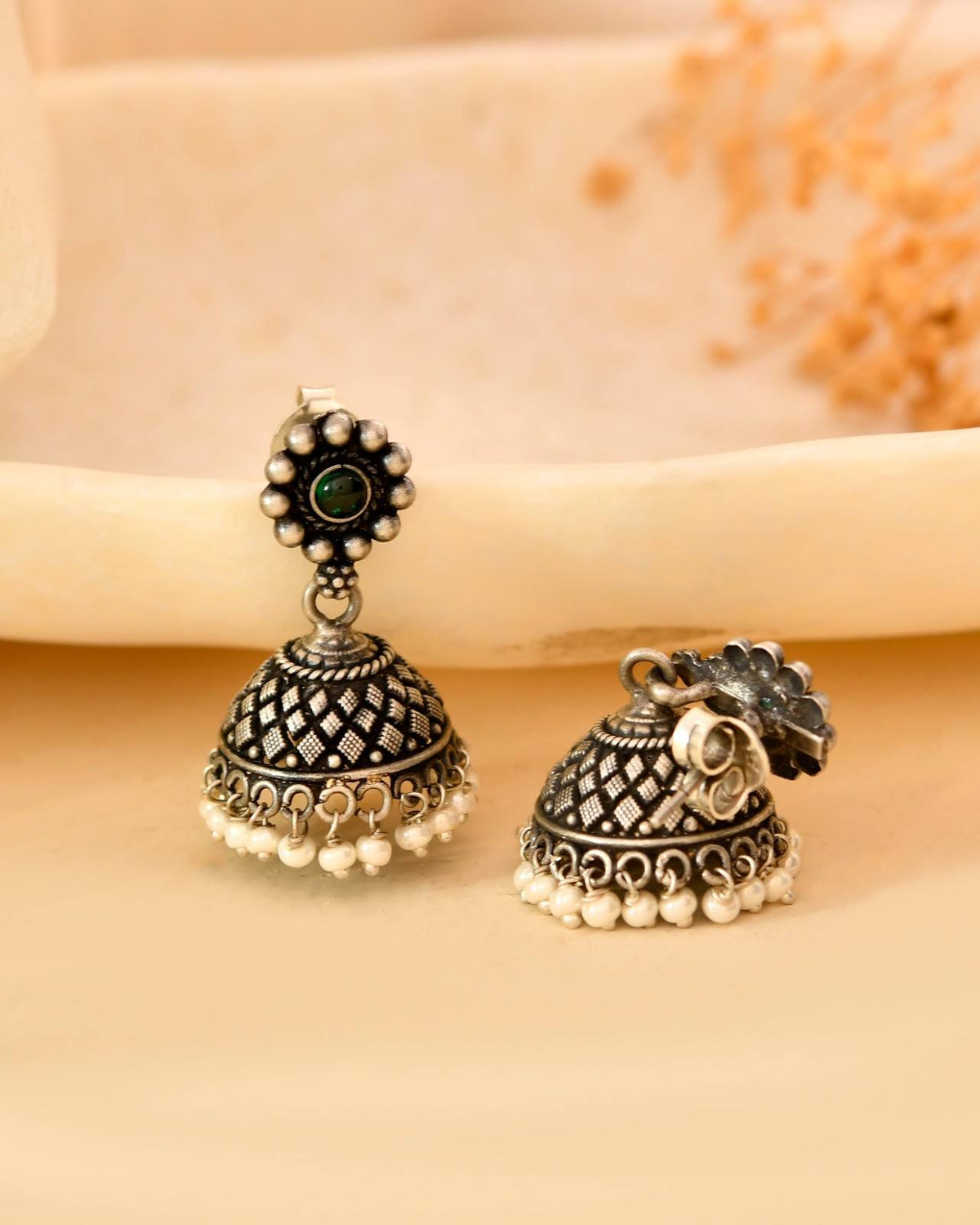 Handcrafted 925 Silver Beaded Floral Stud Green Stone & Pearl Drop Jhumka Earrings