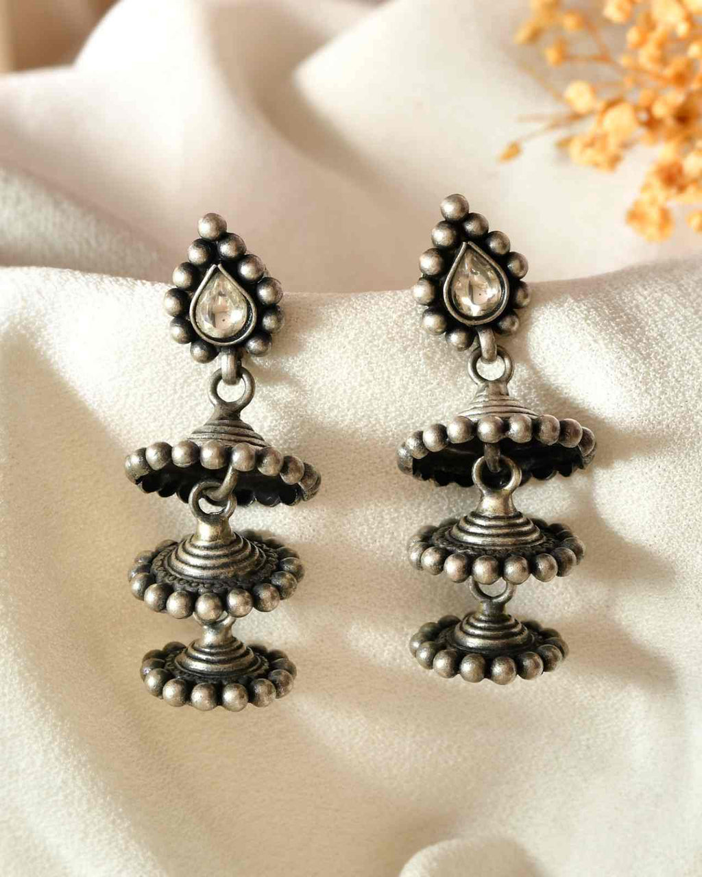 Handcrafted 925 Silver Teardrop Clear Stone 3-Tier Step Jhumka Earrings