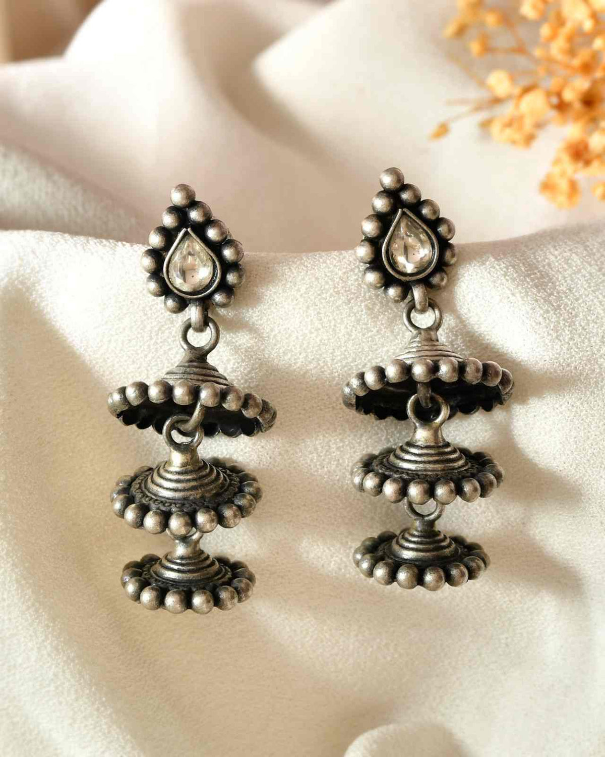 Handcrafted 925 Silver Teardrop Clear Stone 3-Tier Step Jhumka Earrings