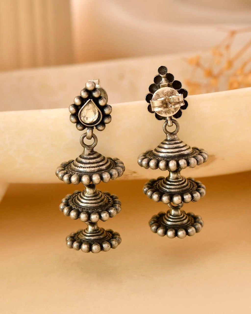 Handcrafted 925 Silver Teardrop Clear Stone 3-Tier Step Jhumka Earrings