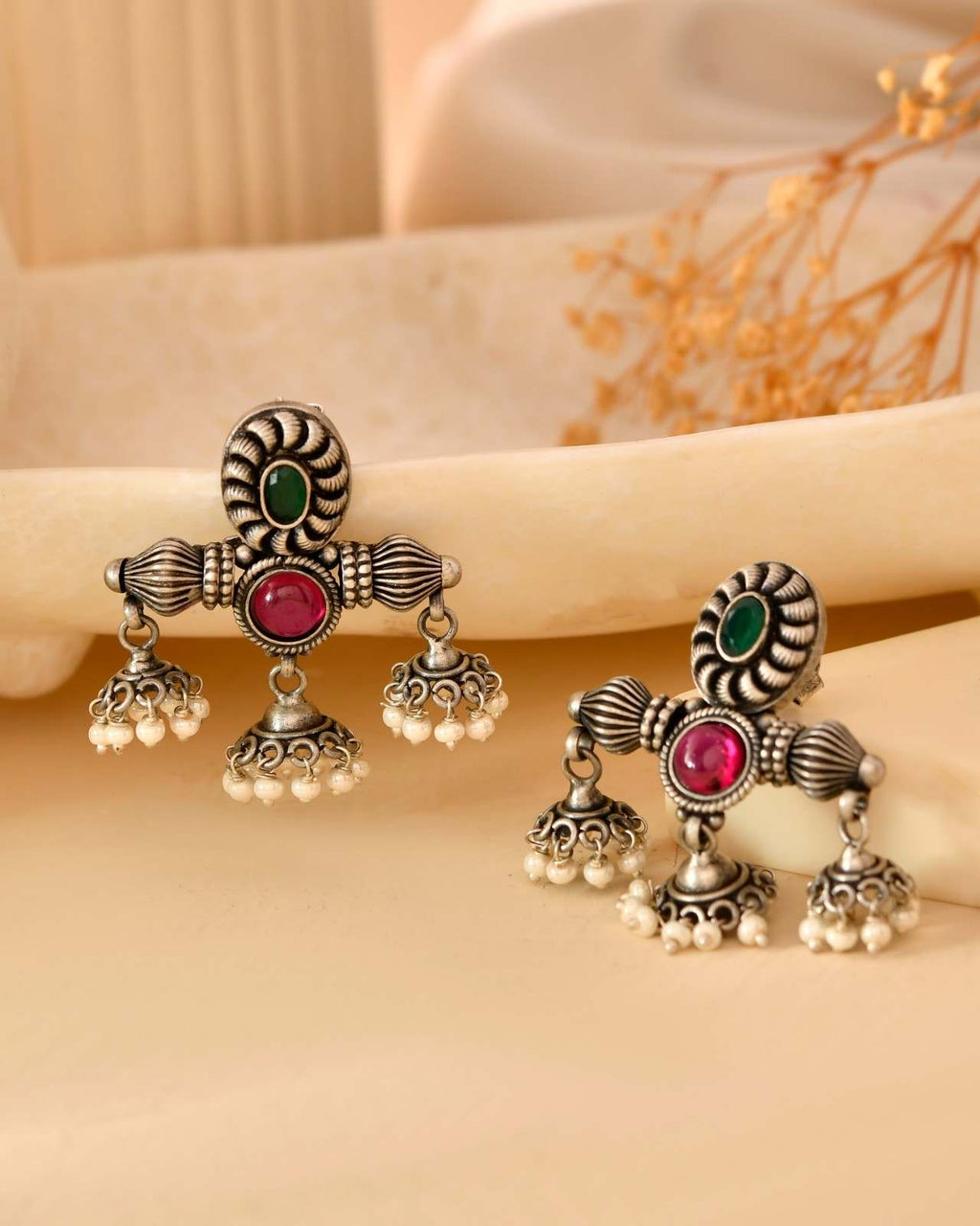 Handcrafted 925 Silver Dual Stone Green & Ruby Multi-Jhumka Pearl Drop Earrings
