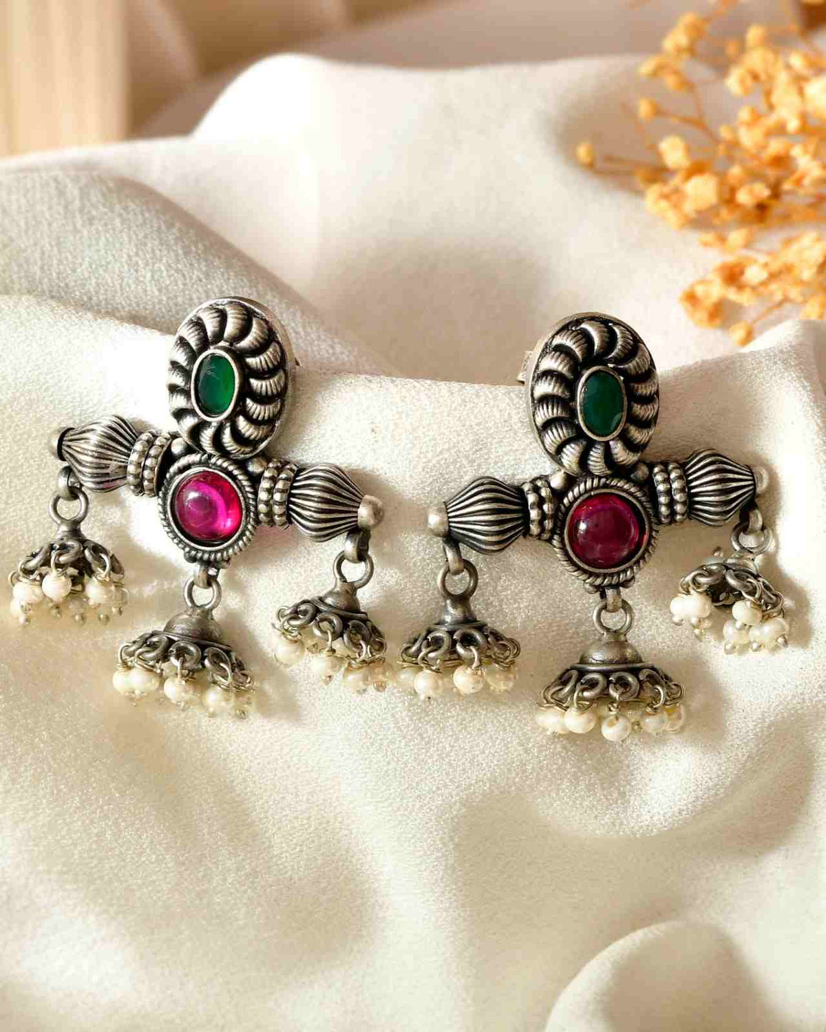Handcrafted 925 Silver Dual Stone Green & Ruby Multi-Jhumka Pearl Drop Earrings