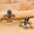 Handcrafted 925 Silver Dual Stone Green & Ruby Multi-Jhumka Pearl Drop Earrings