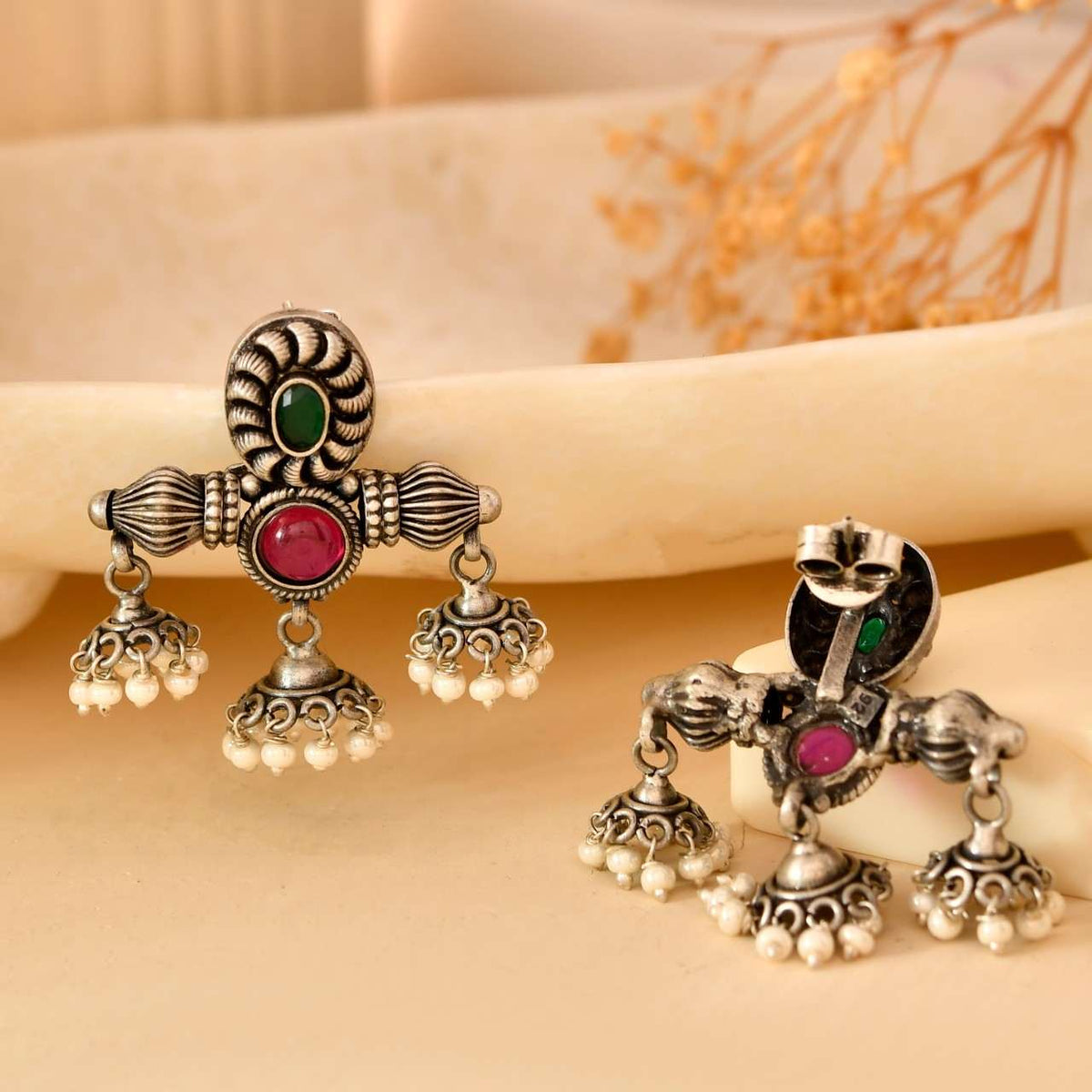 Handcrafted 925 Silver Dual Stone Green & Ruby Multi-Jhumka Pearl Drop Earrings