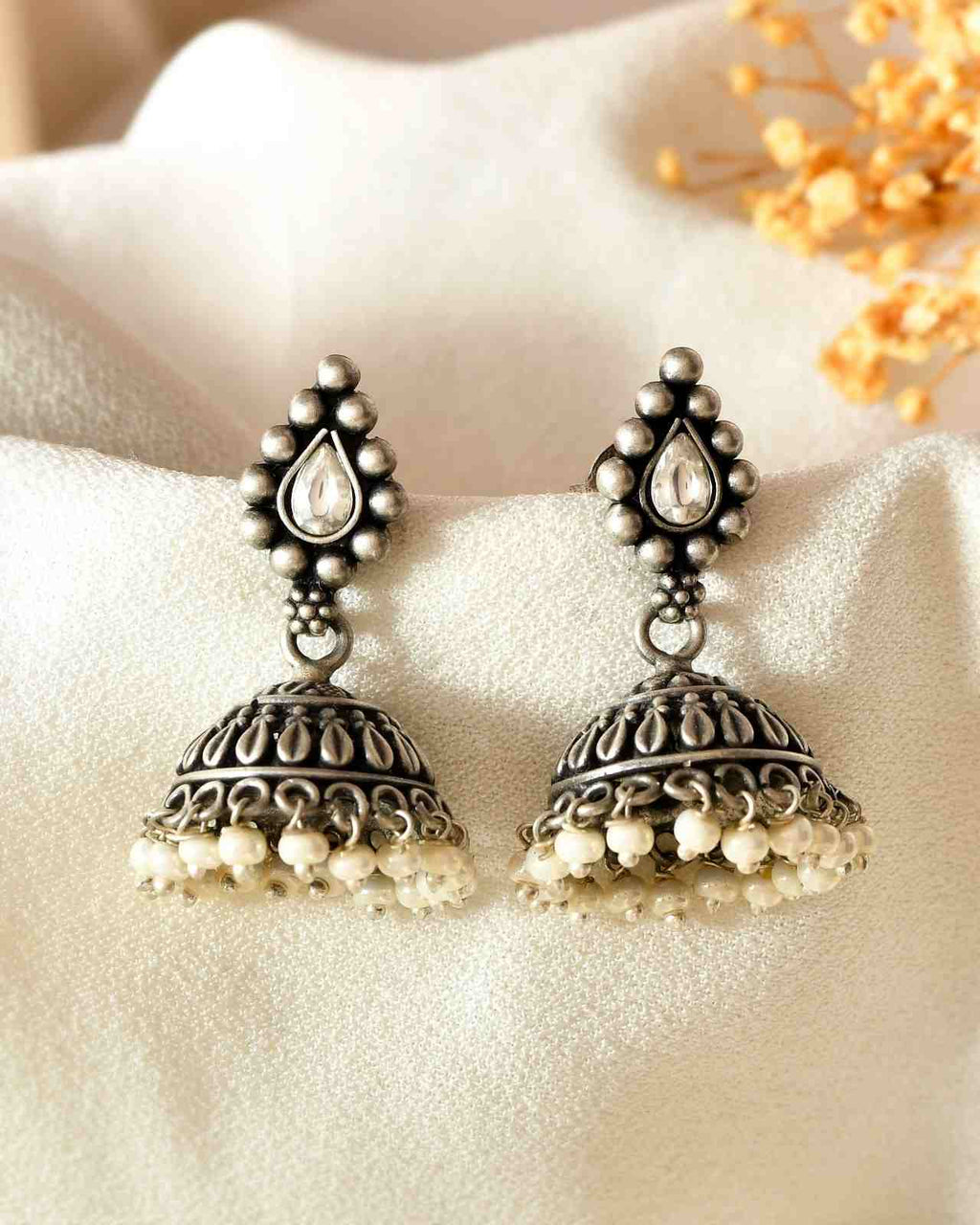 Handcrafted 925 Silver Teardrop Clear Stone & Pearl Drop Jhumka Earrings