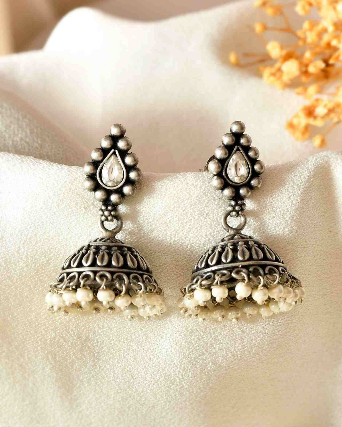 Handcrafted 925 Silver Teardrop Clear Stone & Pearl Drop Jhumka Earrings