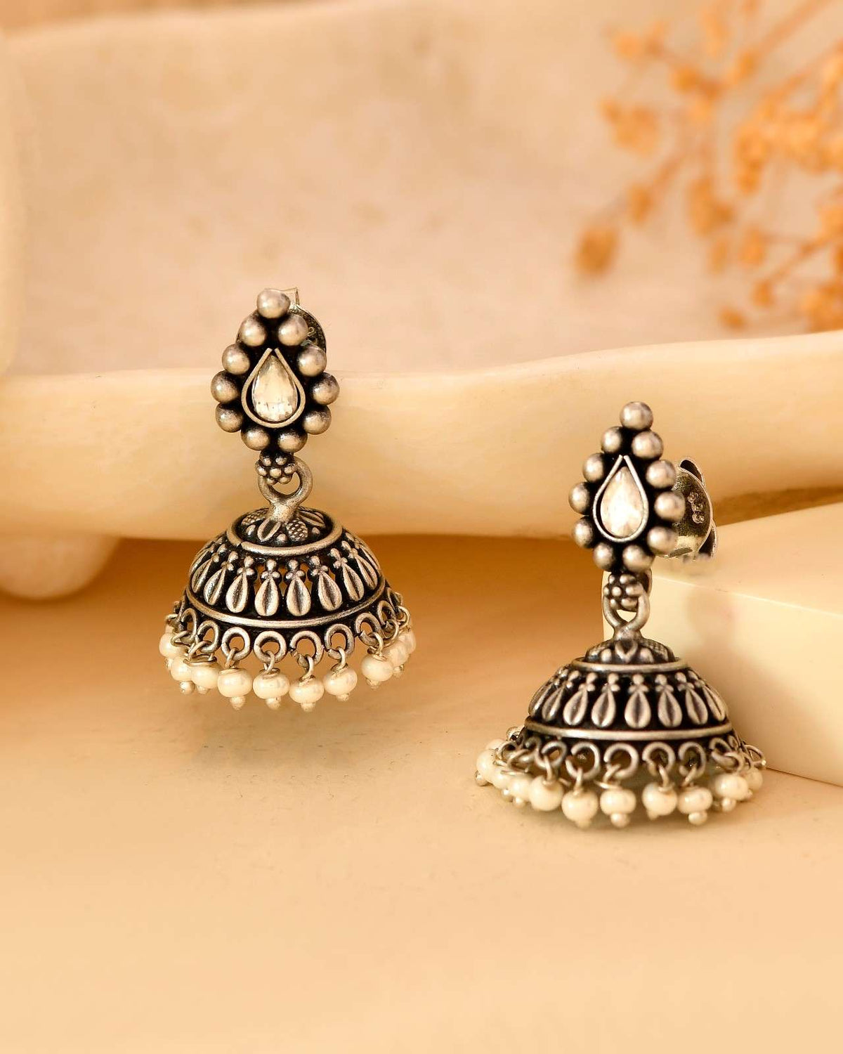 Handcrafted 925 Silver Teardrop Clear Stone & Pearl Drop Jhumka Earrings