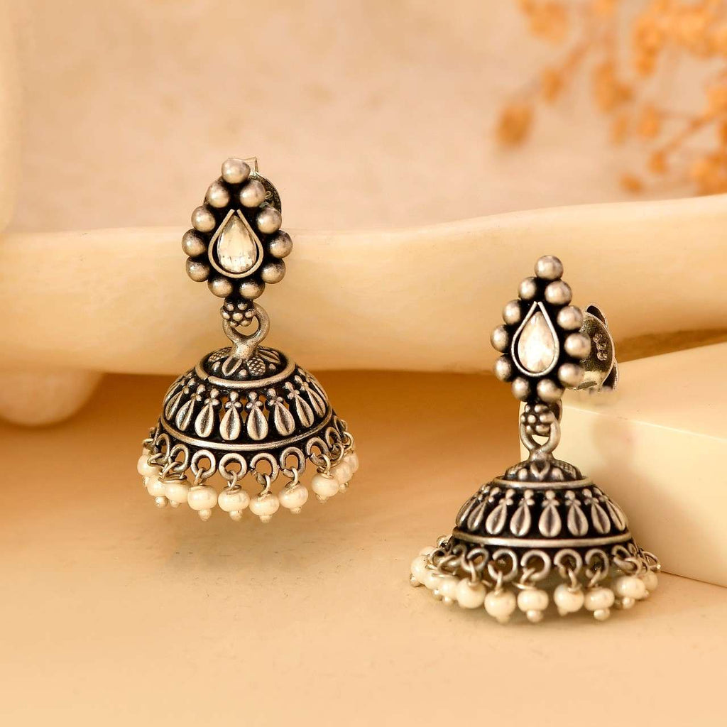 Handcrafted 925 Silver Teardrop Clear Stone & Pearl Drop Jhumka Earrings