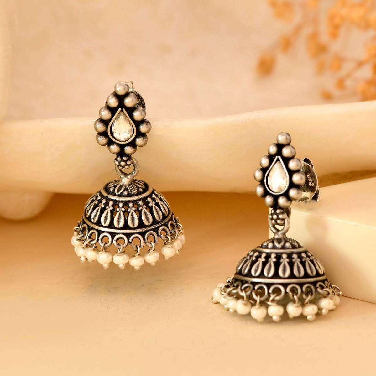 Handcrafted 925 Silver Teardrop Clear Stone & Pearl Drop Jhumka Earrings