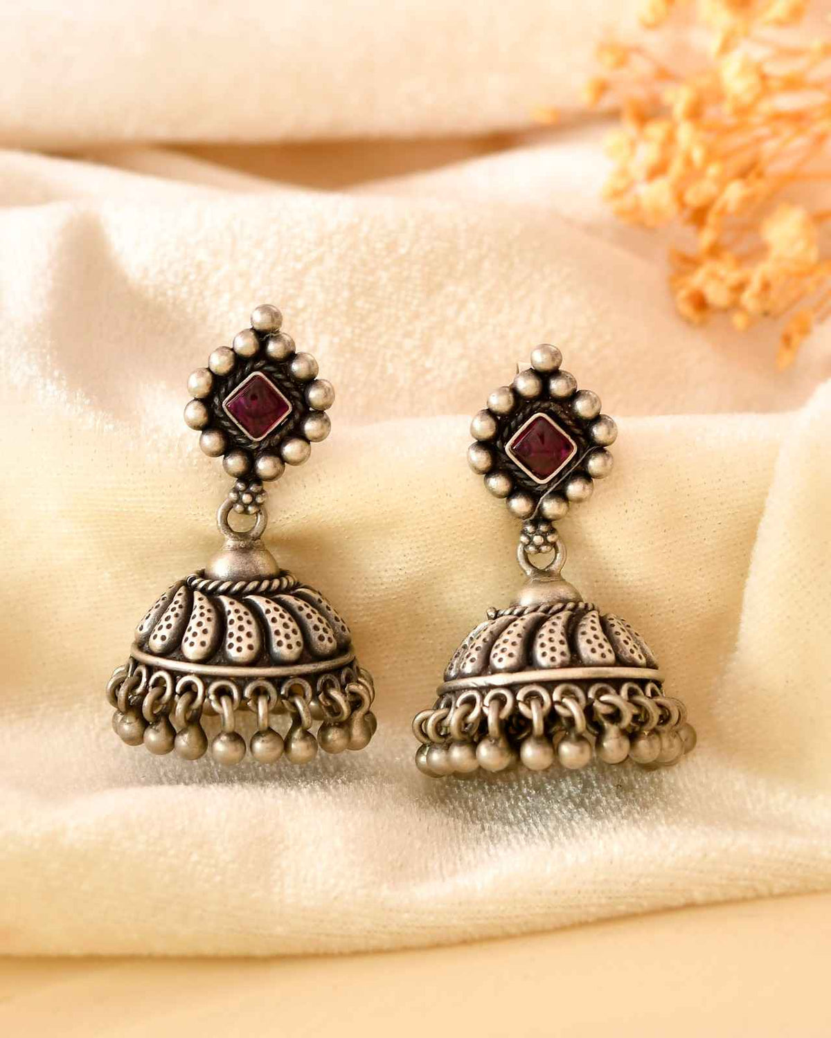 Handcrafted 925 Silver Diamond-Shaped Stud Ruby Stone & Ghungroo Drop Jhumka Earrings