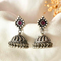 Handcrafted 925 Silver Diamond-Shaped Stud Ruby Stone & Ghungroo Drop Jhumka Earrings