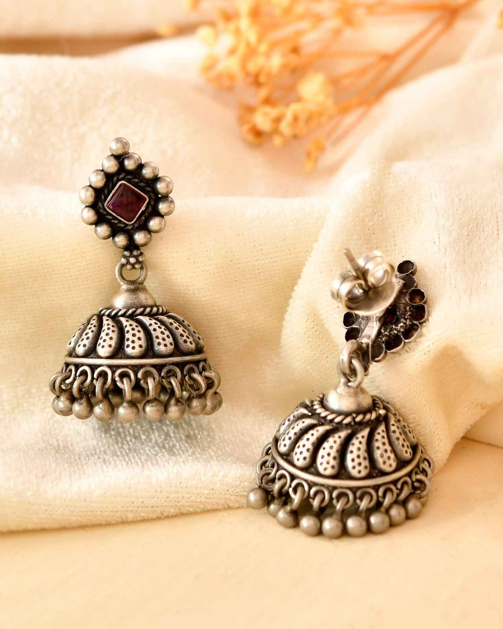 Handcrafted 925 Silver Diamond-Shaped Stud Ruby Stone & Ghungroo Drop Jhumka Earrings