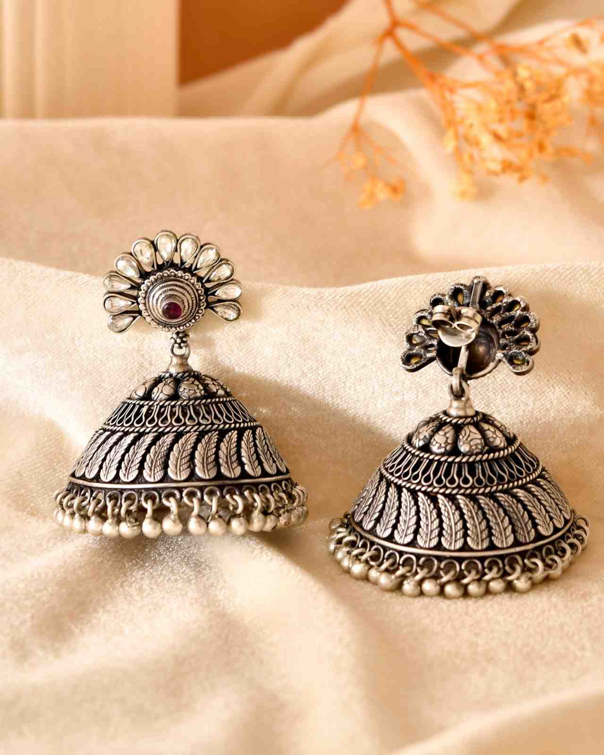 Handcrafted 925 Silver Kundan Peacock Fan Stud Floral Carved Grand Jhumka Earrings