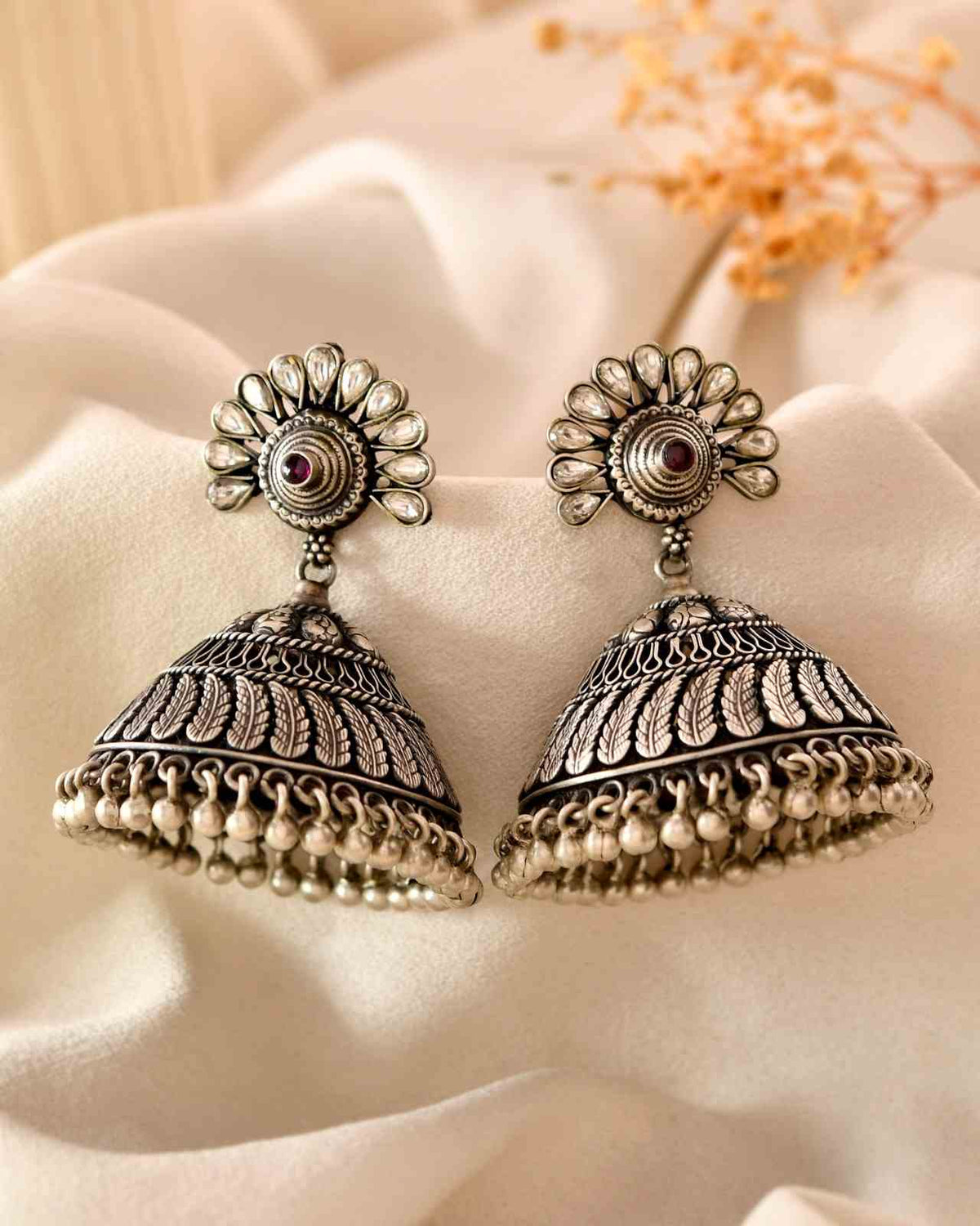 Handcrafted 925 Silver Kundan Peacock Fan Stud Floral Carved Grand Jhumka Earrings