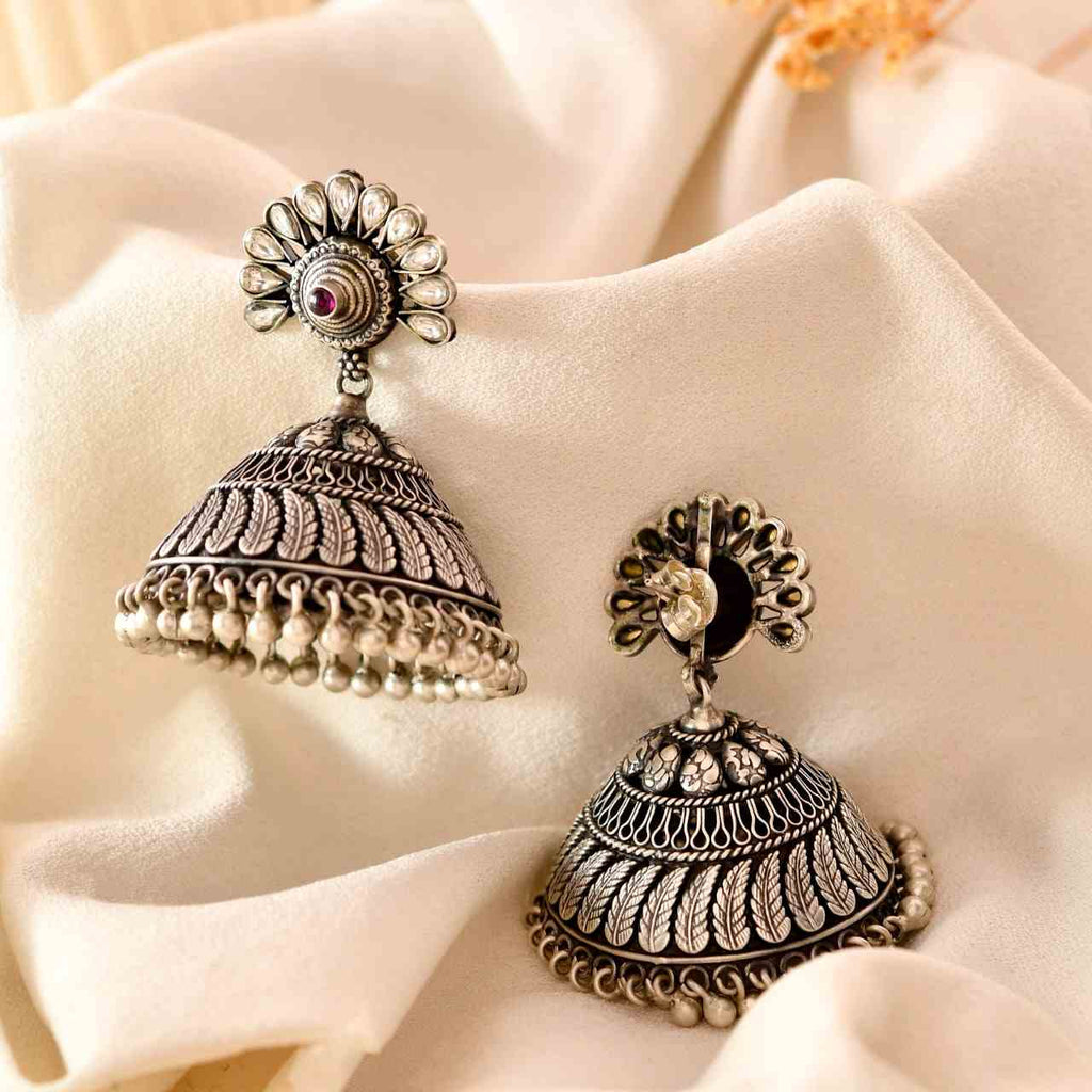 Handcrafted 925 Silver Kundan Peacock Fan Stud Floral Carved Grand Jhumka Earrings