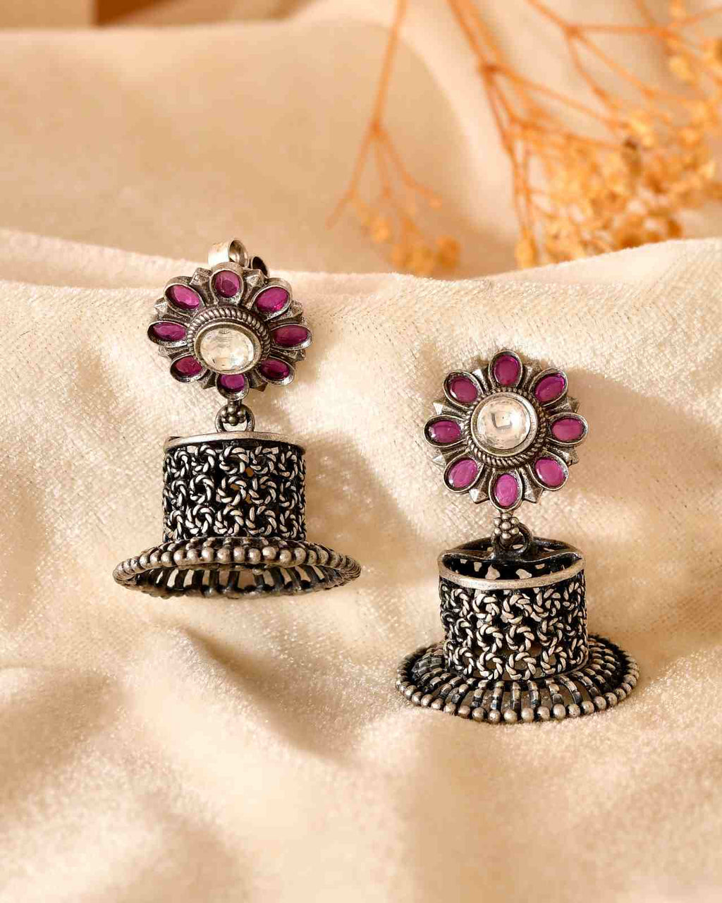Handcrafted 925 Silver Floral Ruby & Clear Stone Lattice Drum Jhumka Earrings
